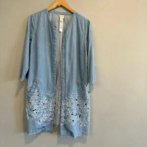Chico’s Eyelet Chambray Topper Jacket Lightweight 3/4 Sleeves Beach Coastal M